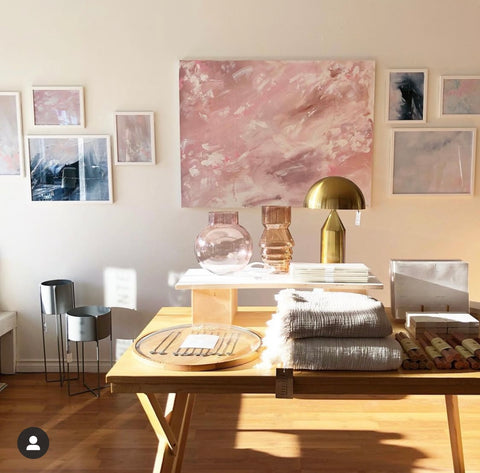 Gallery wall with dreamy abstract artprints and original paintings by Dana Mooney