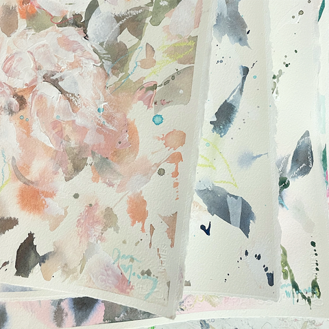 Closeup of new abstract floral watercolour paintings on paper by Dana Mooney Vancouver Artist