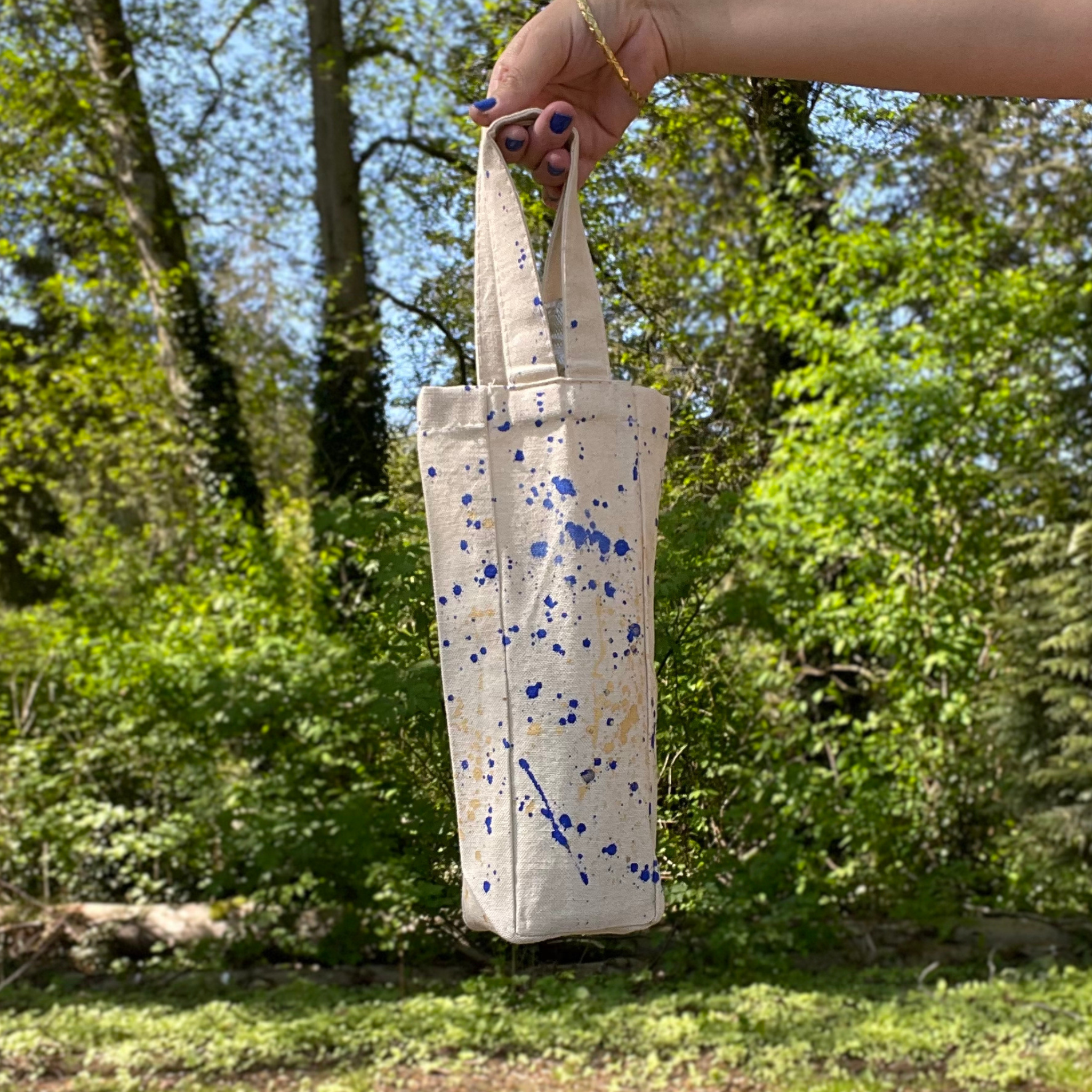 Picnic Wine Tote Bag - BLUE/GOLD Splatter