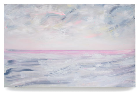 A whimsical and soft Ocean landscape painting on canvas.  A crisp ballet pink line divides the sky and water, composed of muted greys, coral and blues.  Accents of pale lime, pastel pink and aqua blues compose deconstructed clouds, wind and waves.  