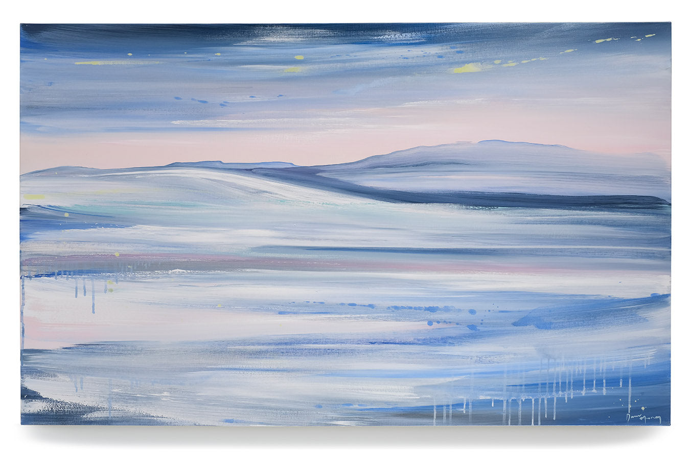 An abstract mountain and ocean landscape painting on canvas in a colour palette of blues and pinks.  Paint drips and linear blended brushstrokes compose this artwork. 