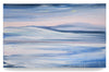 An abstract mountain and ocean landscape painting on canvas in a colour palette of blues and pinks.  Paint drips and linear blended brushstrokes compose this artwork. 