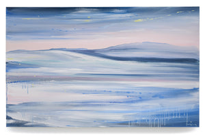 An abstract mountain and ocean landscape painting on canvas in a colour palette of blues and pinks.  Paint drips and linear blended brushstrokes compose this artwork. 