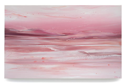 Photo shows an abstracted landscape painting with a warm toned monochromatic colour palette of dusty pinks, terracottas and beiges.  Fluid brushstrokes mimic ocean waves and rolling hill and mountains.  