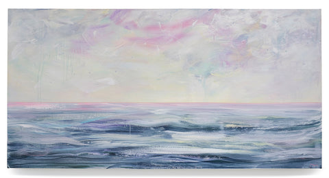 A pastel Ocean landscape painting on canvas.  Soft pinks, mints, aquas are layered in the sky and contrasted by deep navys, blue and whites of water below.  A pale blush pink line defines the flat horizon.  This painting is calming, open and fluid. 