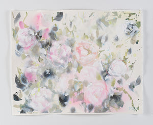 A mixed media abstract floral painting on watercolour paper. Soft saje greens and greys blend behind textural pink and coral flower petals. Splashes of paint and scribbles of pastel give this painting a modern feel.