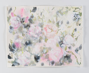 A mixed media abstract floral painting on watercolour paper. Soft saje greens and greys blend behind textural pink and coral flower petals. Splashes of paint and scribbles of pastel give this painting a modern feel.