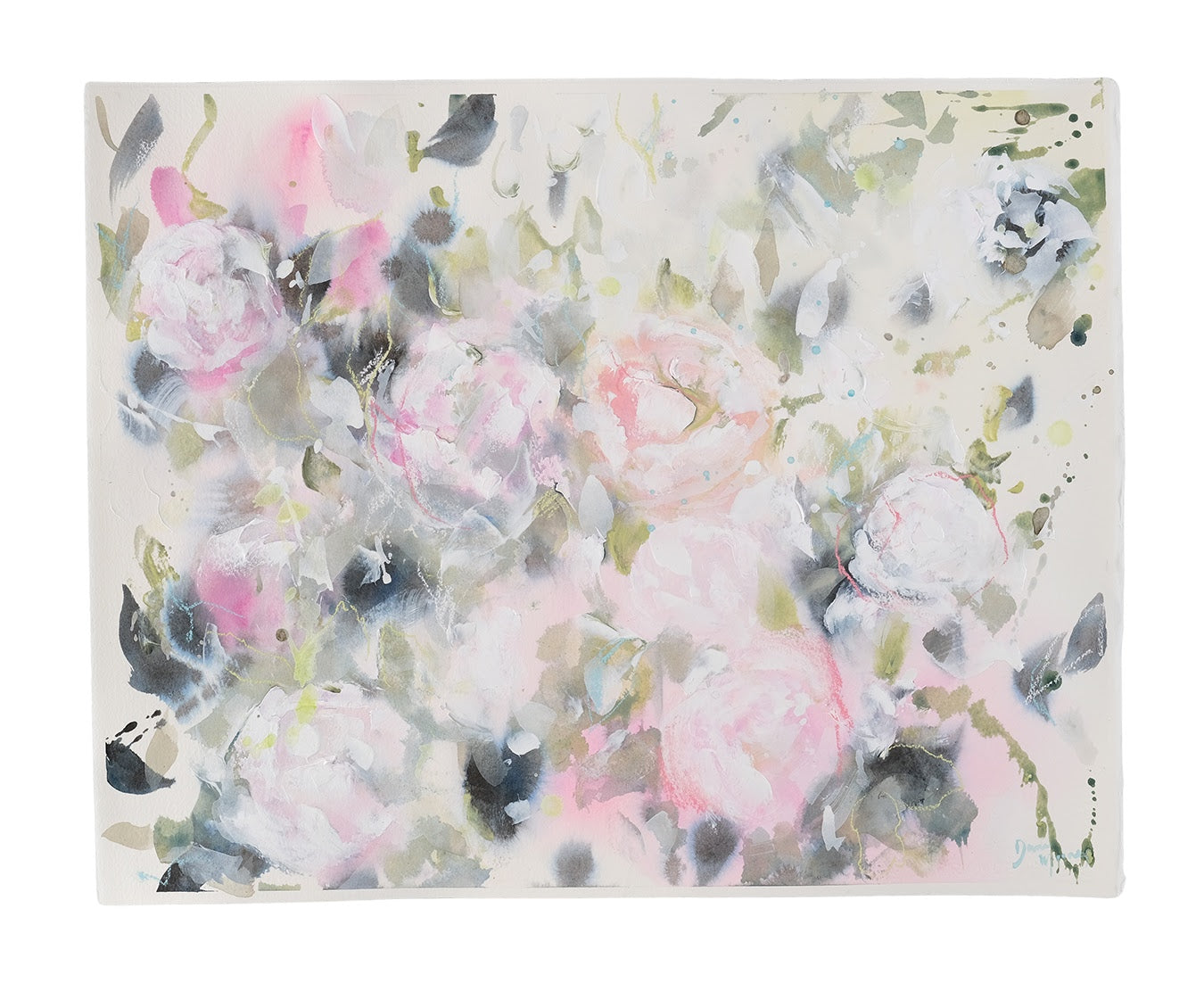 A mixed media abstract floral painting on watercolour paper.  Soft saje greens and greys blend behind textural pink and coral flower petals.  Splashes of paint and scribbles of pastel give this painting a modern feel. 
