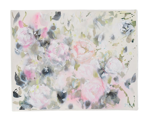 A mixed media abstract floral painting on watercolour paper.  Soft saje greens and greys blend behind textural pink and coral flower petals.  Splashes of paint and scribbles of pastel give this painting a modern feel. 