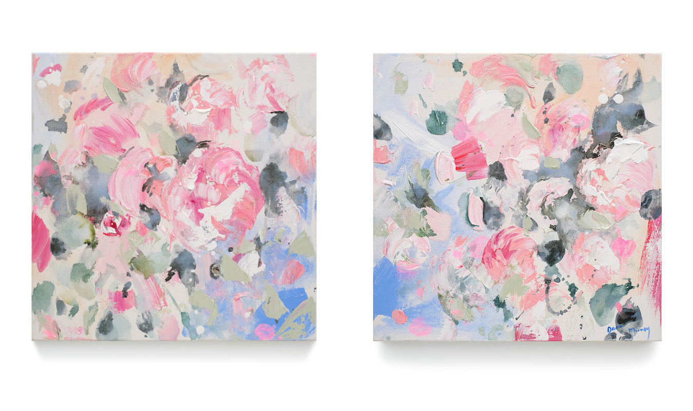 Textural, uplifting, abstract peony painting on canvas.  This diptych painting is inspired by florals and spring.  Pinks. blues, greens and corals create the perfect painting for your home. 