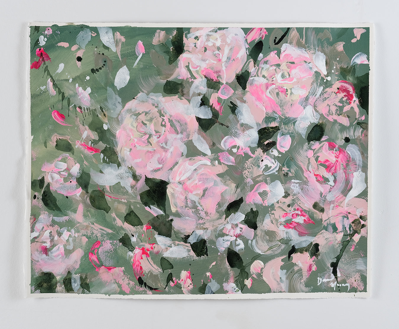 A fun and uplifting abstracted floral painting on paper.  With a saje green background, shades of pastel and neon pinks pop as they seemingly float in the wind.  Abstracted petals from shapes and movement that excites the viewer, and invites positive energy into your home. 