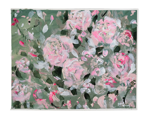 A fun and uplifting abstracted floral painting on paper.  With a saje green background, shades of pastel and neon pinks pop as they seemingly float in the wind.  Abstracted petals from shapes and movement that excites the viewer, and invites positive energy into your home. 