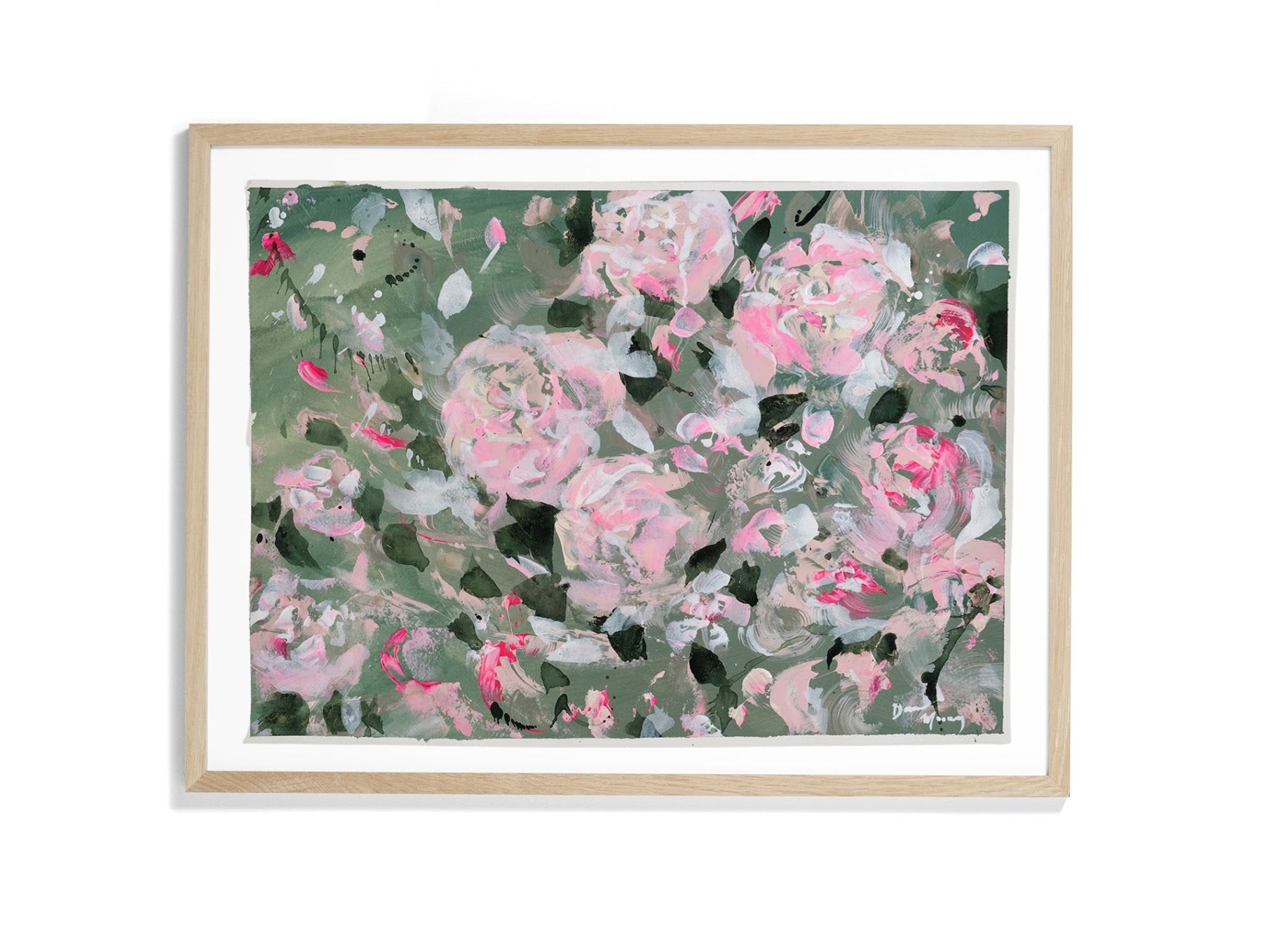 A fun and uplifting abstracted floral painting on paper, shown here in a light wooden frame.  With a saje green background, shades of pastel and neon pinks pop as they seemingly float in the wind.  Abstracted petals from shapes and movement that excites the viewer, and invites positive energy into your home. 