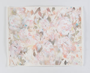 This warm toned mixed media floral painting on paper is soft and welcoming.  With a colour palette of terracotta, blush, whites and aqua, this painting is complimentary to your home decor, inviting the viewer to pause and reflect. Watercolour leaves merge into one another as they dance behind abstracted peony petals. 