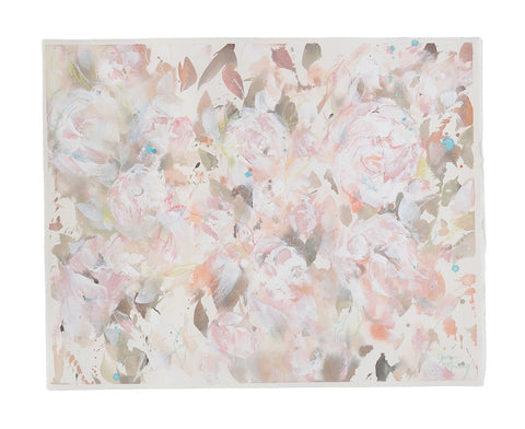 This warm toned mixed media floral painting on paper is soft and welcoming.  With a colour palette of terracotta, blush, whites and aqua, this painting is complimentary to your home decor, inviting the viewer to pause and reflect. Watercolour leaves merge into one another as they dance behind abstracted peony petals.  