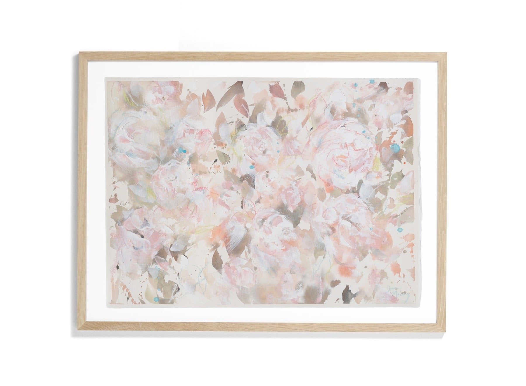 This warm toned mixed media floral painting on paper is soft and welcoming.  With a colour palette of terracotta, blush, whites and aqua, this painting is complimentary to your home decor, inviting the viewer to pause and reflect. Watercolour leaves merge into one another as they dance behind abstracted peony petals. Shown here in a light wood frame.