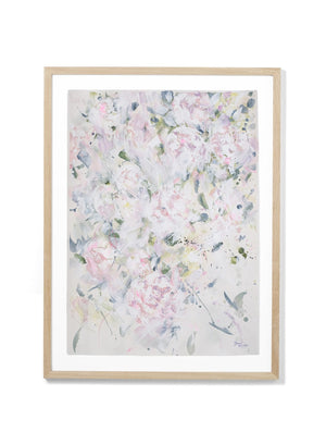 A pastel contemporary floral painting on paper, light and muted in colour palette inspired by peonies.  Shown here in a light wooden frame. 
