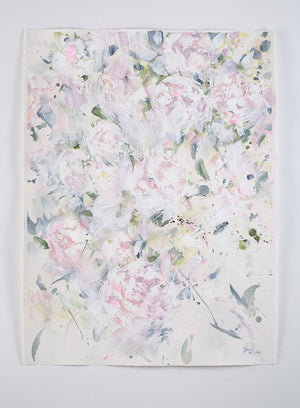 A pastel contemporary floral painting on paper, light and muted in colour palette inspired by peonies.