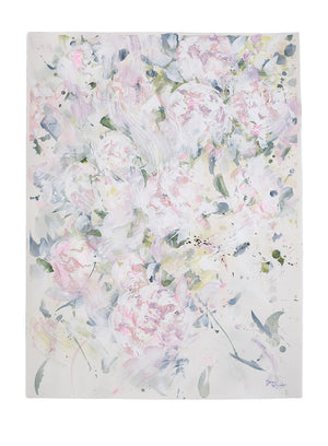A pastel contemporary floral painting on paper, light and muted in colour palette inspired by peonies. 