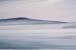 Close up detail photo of an ocean landscape painting with a calming and muted colour palette of greys, soft pinks, grey blues and whites. Linear and loose fluid brushstrokes create a vast and peaceful composition of mountains beyond smooth ocean waves.