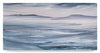 An ocean landscape painting with a calming and muted colour palette of greys, soft pinks, grey blues and whites.  Linear and loose fluid brushstrokes create a vast and peaceful composition of mountains beyond smooth ocean waves. 