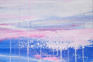 Detal of Dana Mooney's abstract brushstrokes which compose her ocean landscape painting "Somewhere Last Summer."  Here you can see the brush bristle textures overlay the blended background colours, and below that paint has been scraped across the canvas resulting in deconstructed spatula effects.  Paint drips fall from the brushstokes, creating depth in the various textures and techniques. 