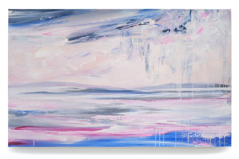 An edgy and abstract ocean landscape painting.  Blues compose the top third of the canvas, blending into a soft coral and pink sky, behind faint island mountain forms on the horizone.  Sheer scraped paint descends from the clouds to the ocean, continuing to the bottom of the canvas in the form of paint drips.  Ocean waves are composed of greys, whites, colbalt blues, magenta and soft ballet pink. 