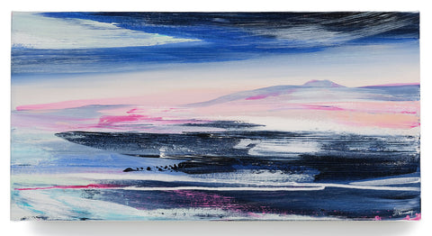 A rich colbalt blue and navy ocean landscape painting with loose linear brushstrokes, paint scraping techniques and drips create this artwork. Accent colour of soft coral and pinks create a light contrast to the deeper hues. 